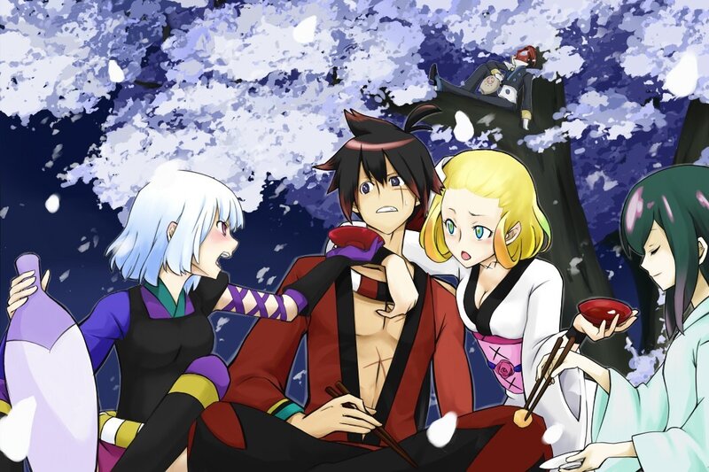 Anime characters at a cherry blossom party