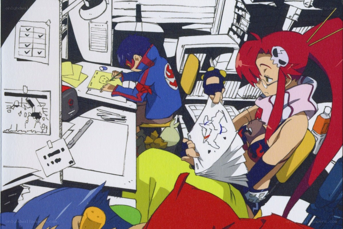 Anime characters at a desk