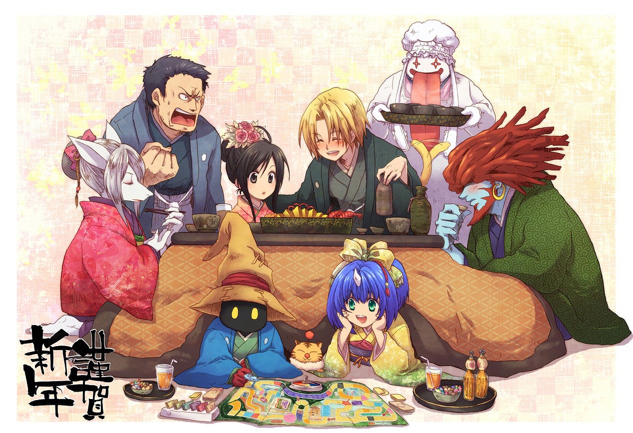 Anime characters at a dinner party