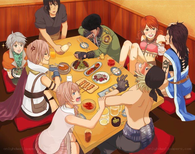 anime characters at a dinner table
