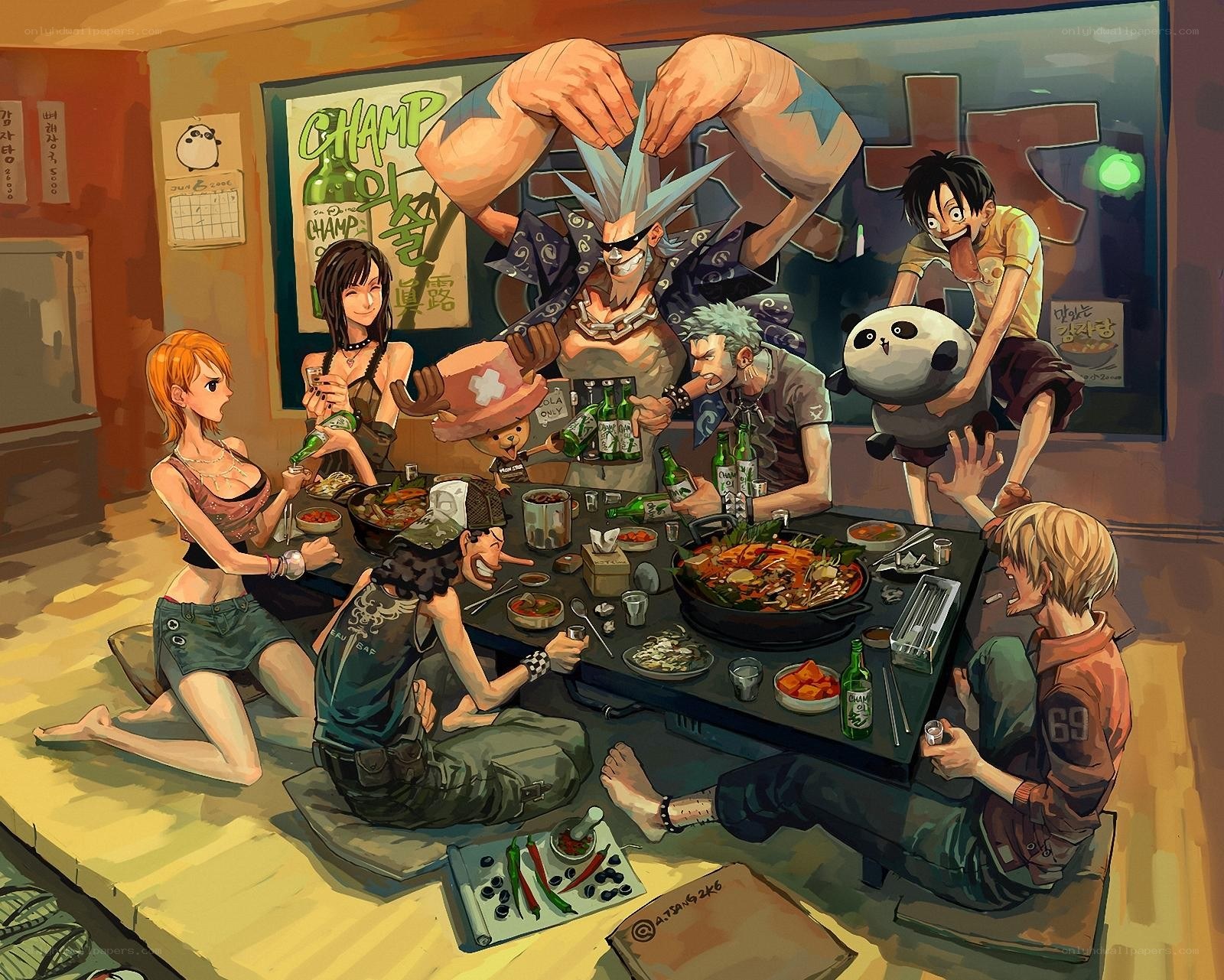 Anime characters at a dinner table