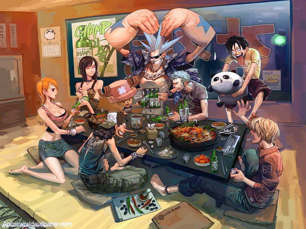 Anime characters at a dinner table
