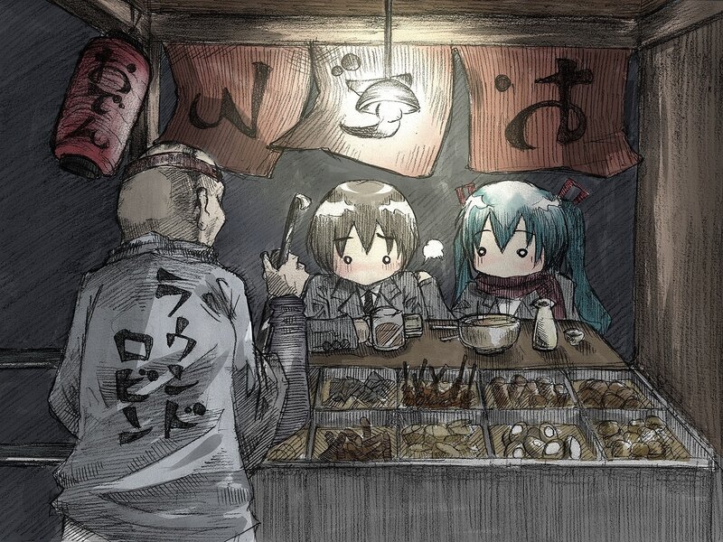 anime characters at a food stall