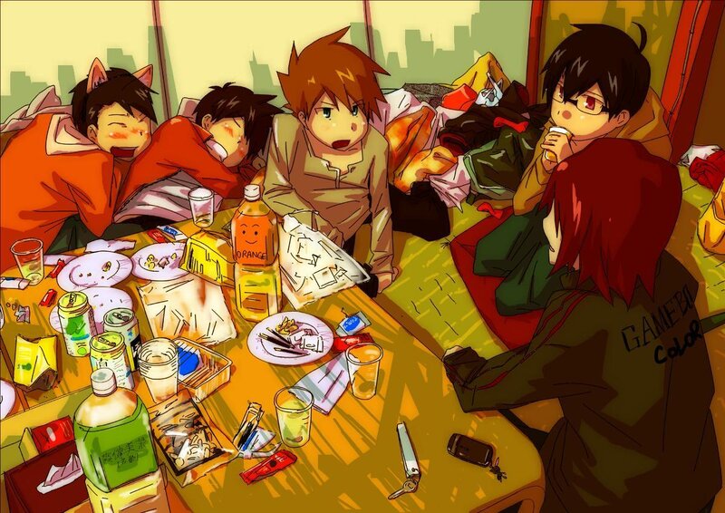 anime characters at a messy table