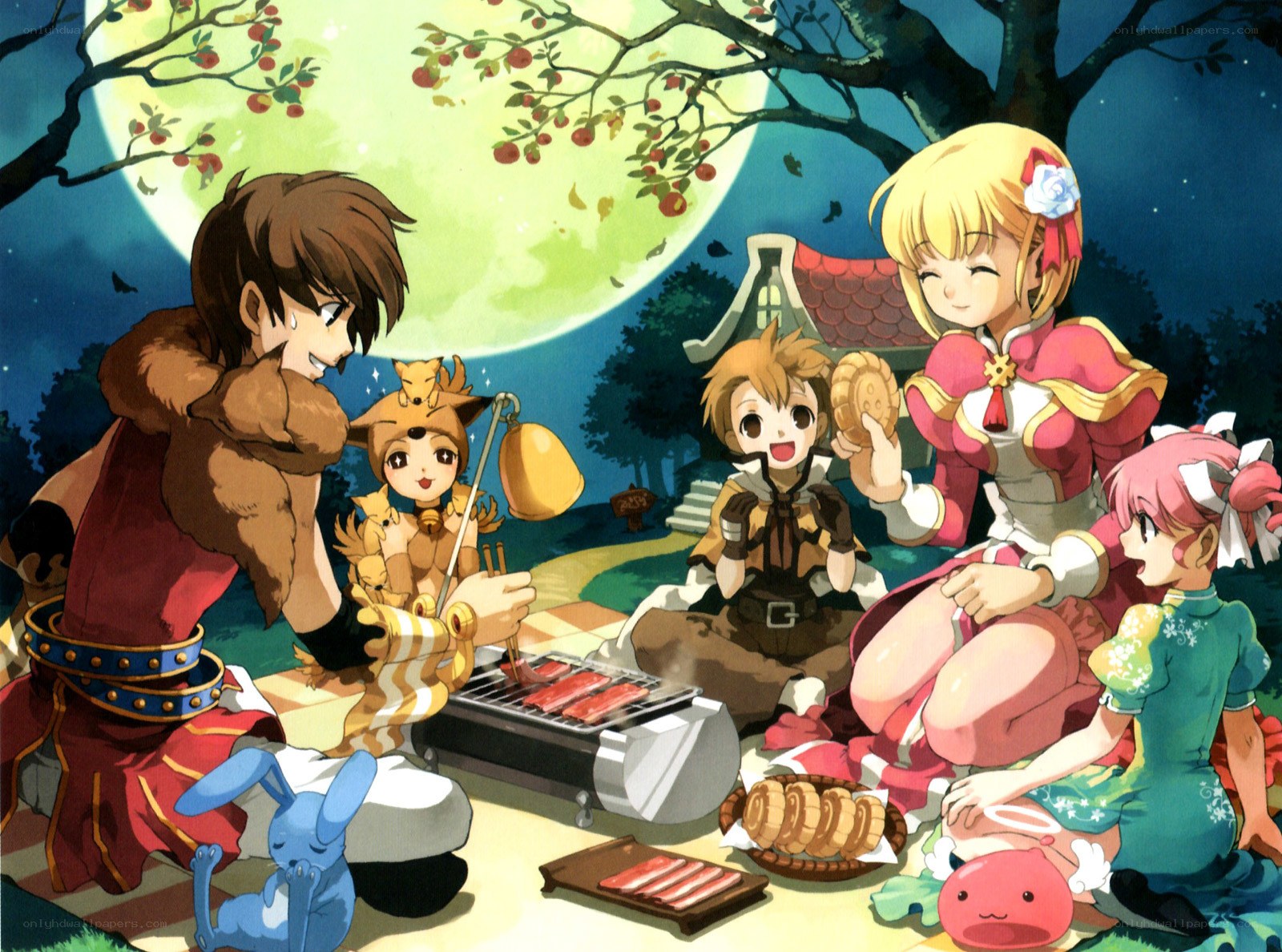 Anime characters at a night picnic