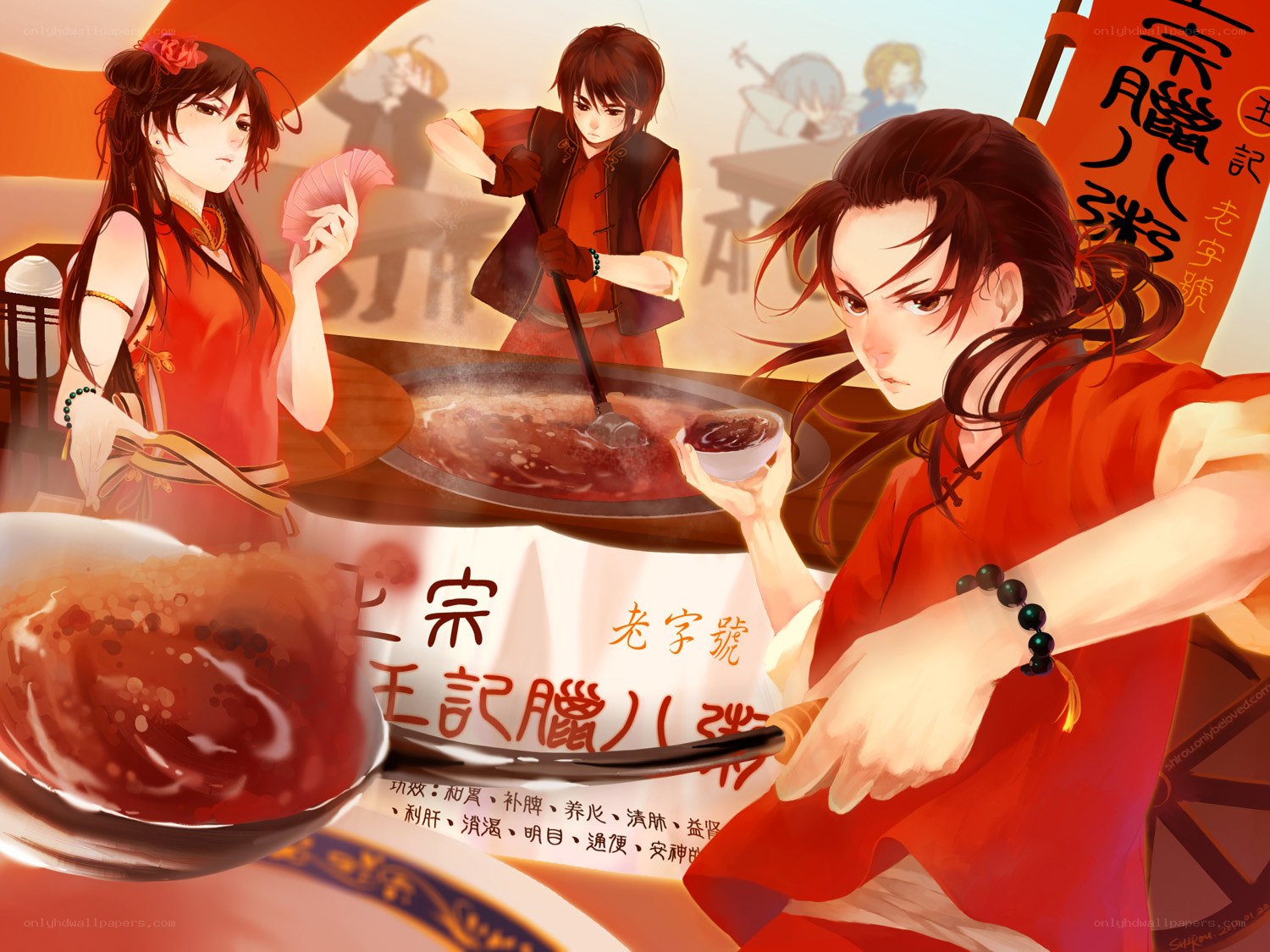 Anime characters at a soup stall