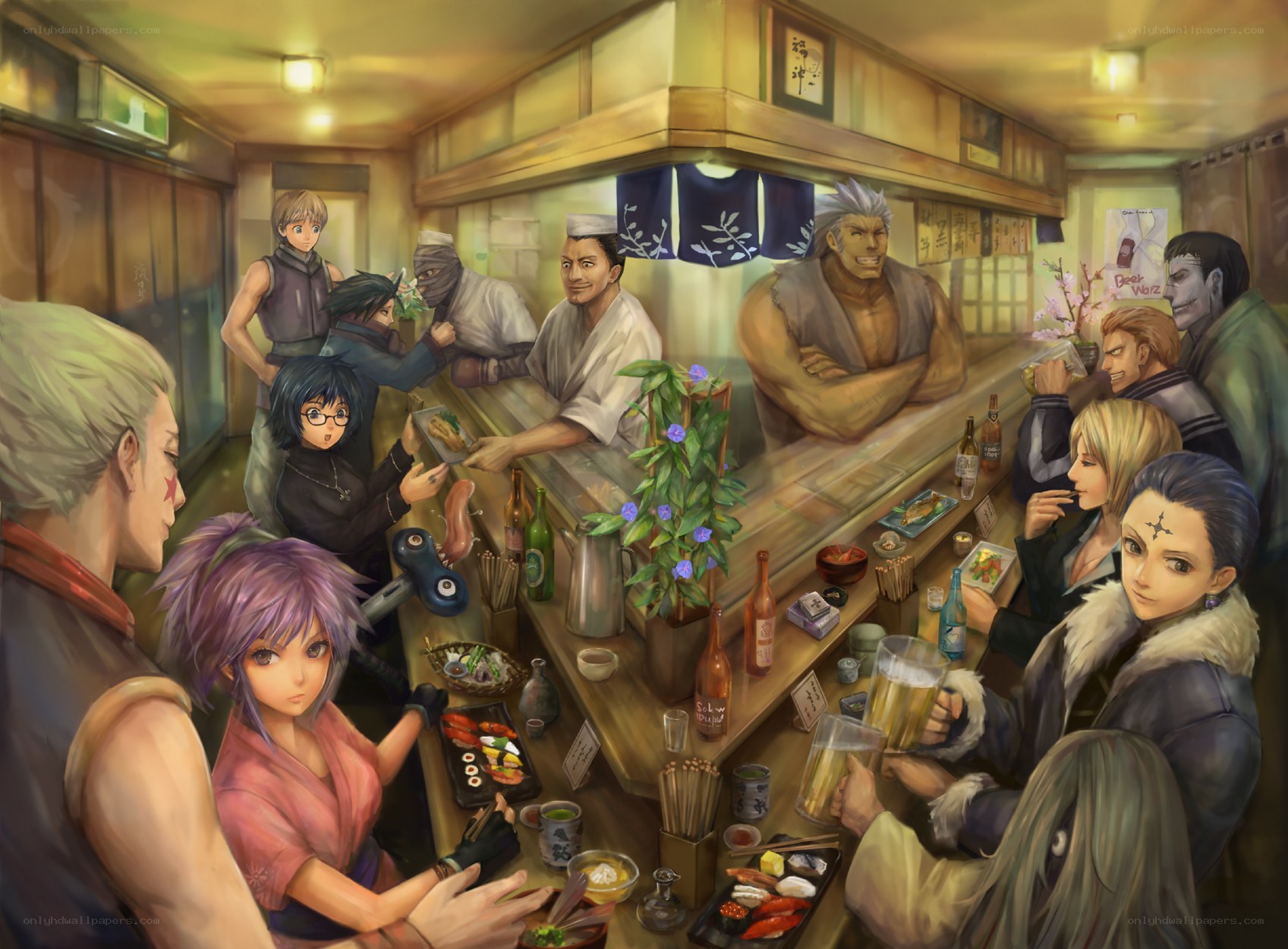 Anime characters at a sushi bar