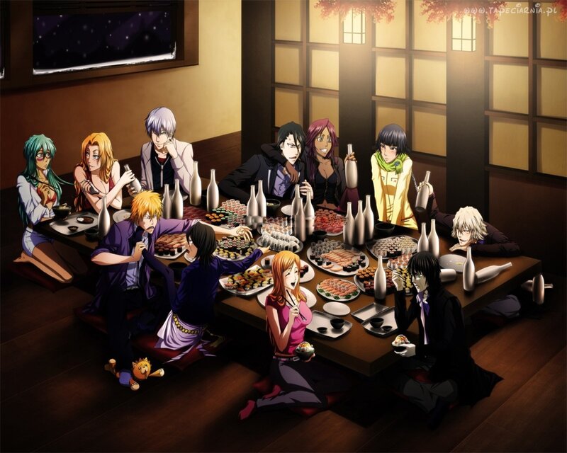 Anime characters at a sushi dinner