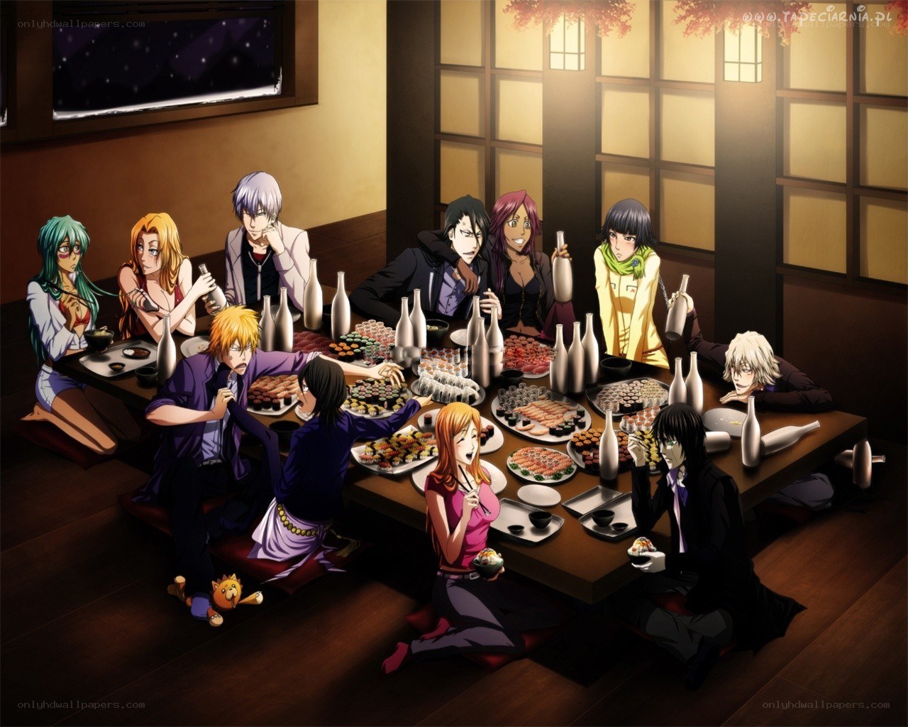 Anime characters at a sushi dinner