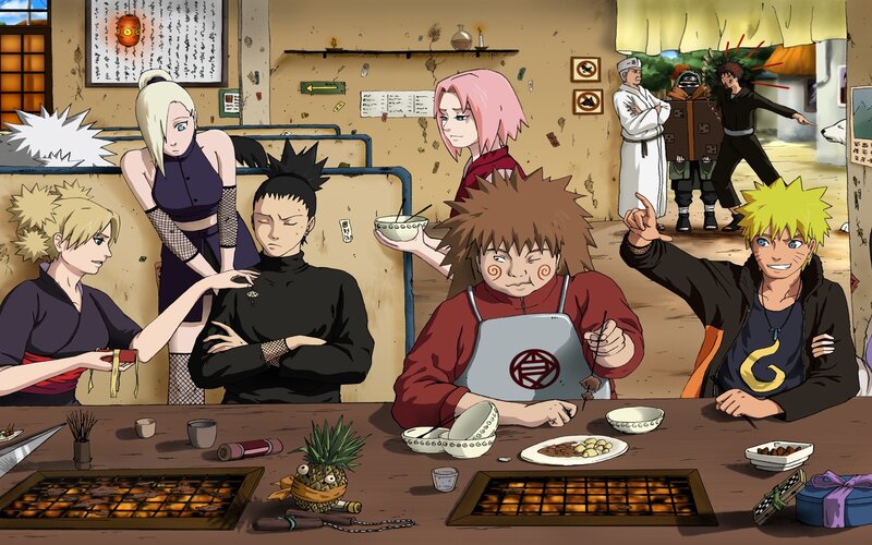 Anime Characters at a Table — Brown, Lively, Afternoon, Dining