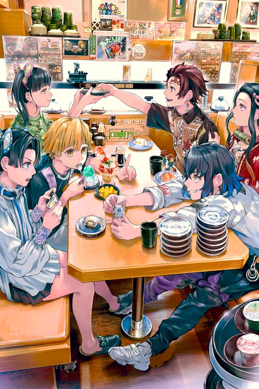 Anime Characters at a Table — Brown, Lively