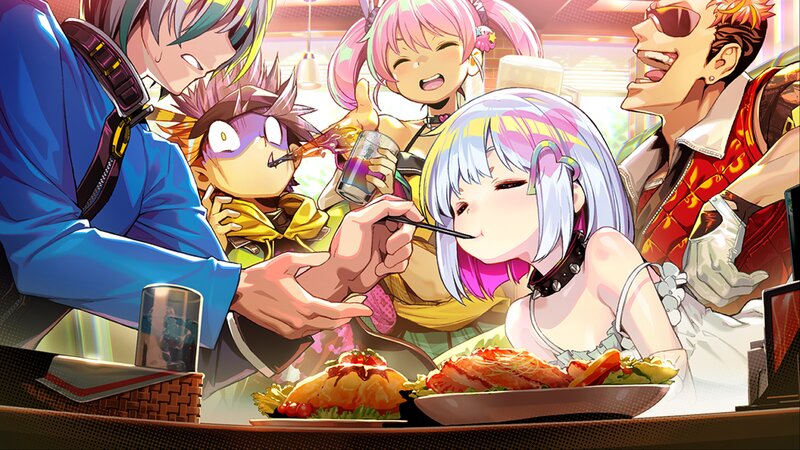 Anime Characters at a Table — Pink