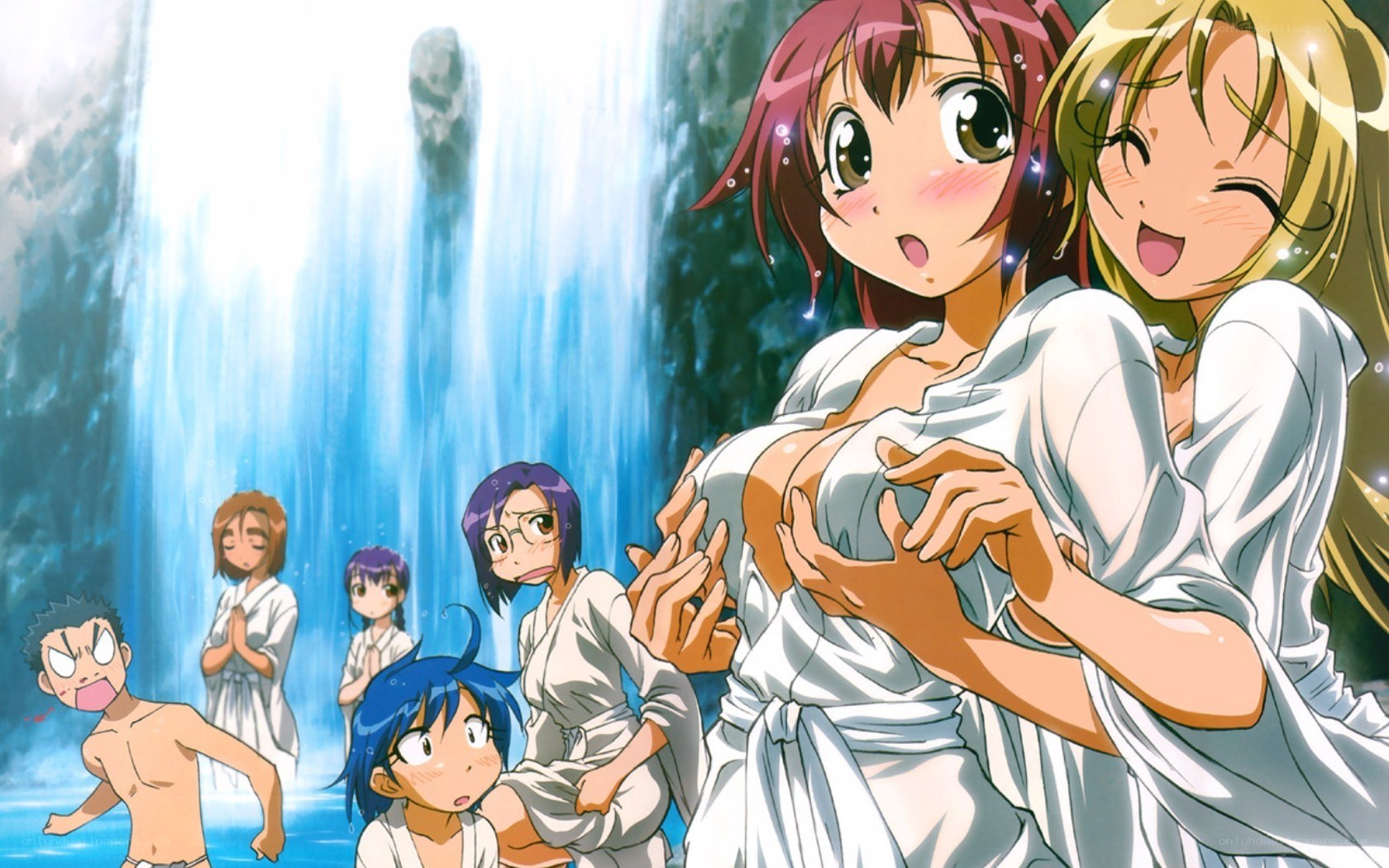 Anime characters at a waterfall