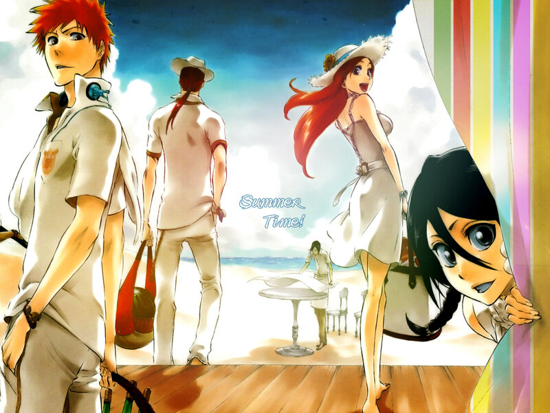Anime Characters at Beach — Blue, Bright, Cheerful