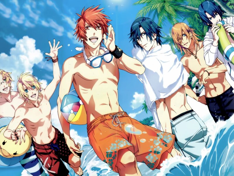 Anime Characters at Beach — Blue, Energetic, Summer, Swimming Goggles