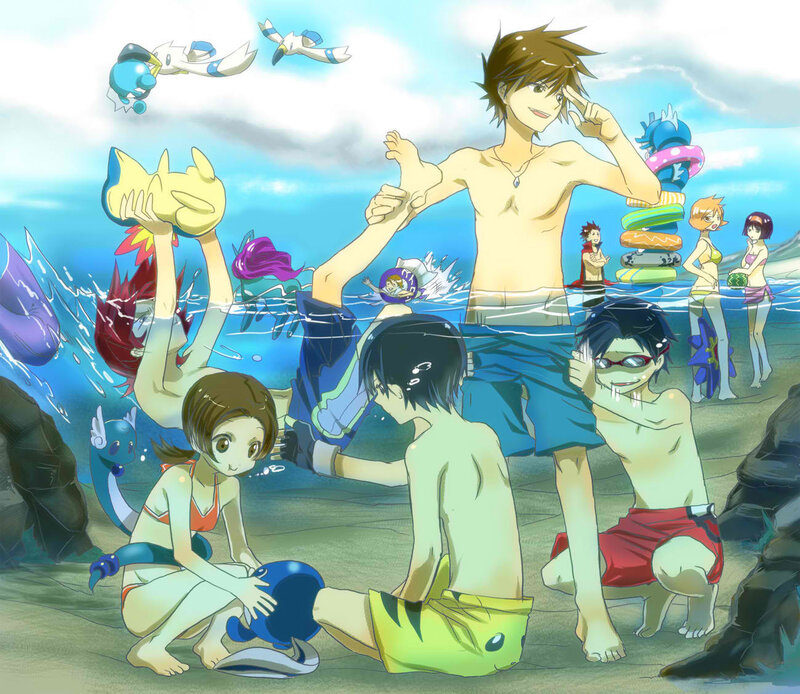 Anime Characters at Beach — Blue, Playful, Afternoon, Swimming, Pokémon
