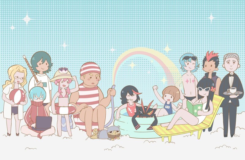 Anime Characters at Beach — Blue, Playful, Summer, Digital Art