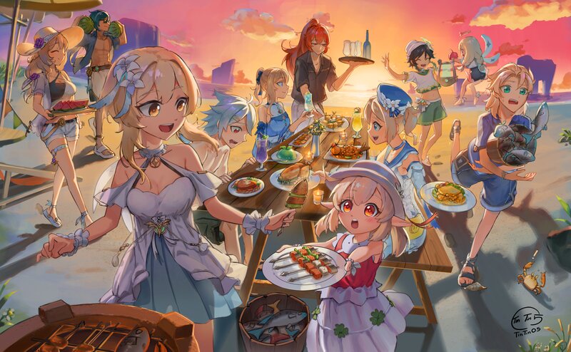 Anime Characters at Beach Party — Pink