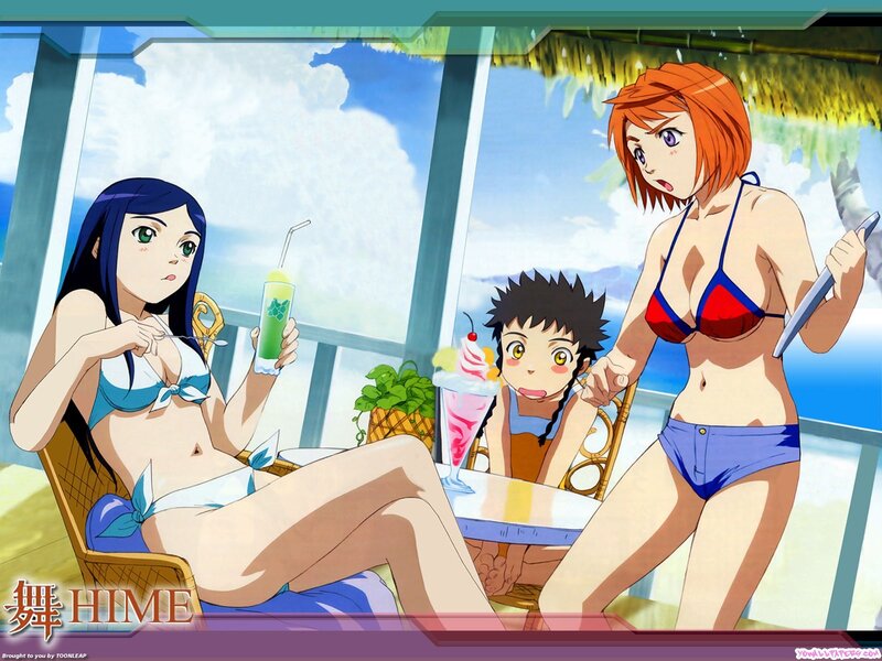 Anime characters at beach resort