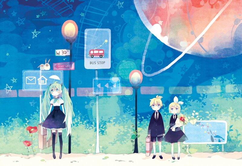 Anime characters at bus stop