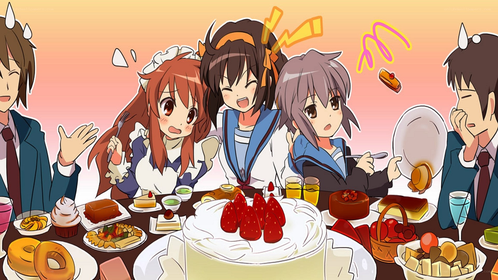 anime characters at dessert party