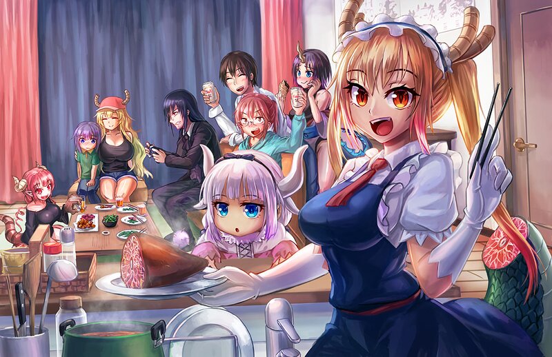 Anime Characters at Dinner — Blue, Cheerful