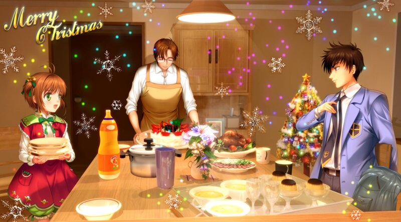 Anime Characters at Dinner — Brown, Festive