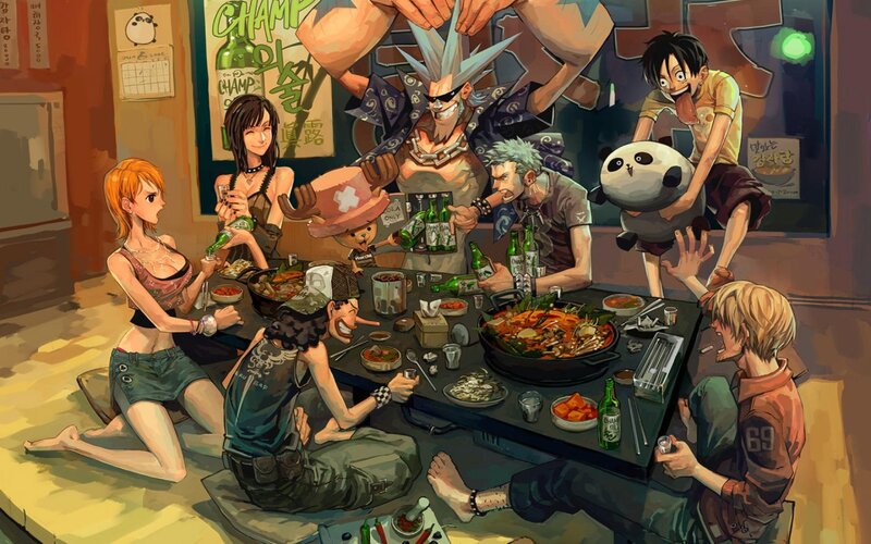 Anime Characters at Dinner — Brown, Lively, Night