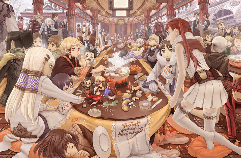 Anime Characters at Dinner — Brown, Lively, Winter