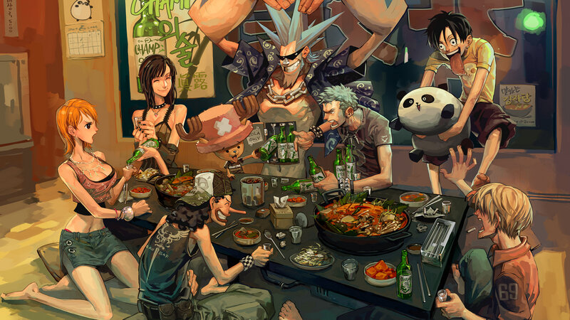 Anime Characters at Dinner — Brown, Nocturnal, Night, Manga, Panda Plushie