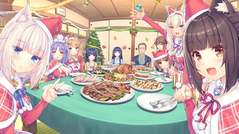 Anime Characters at Dinner — Green, Festive