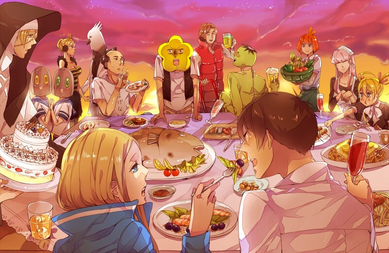 Anime Characters at Dinner — Pink, Festive