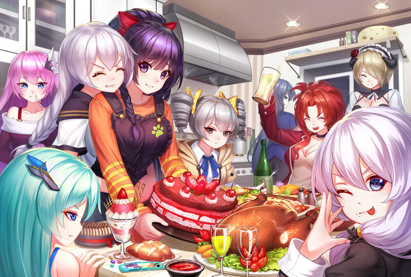 Anime Characters at Dinner — Purple, Festive, Night