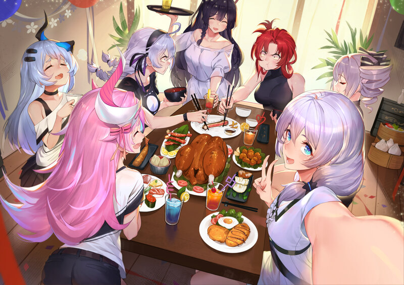 Anime Characters at Dinner — Purple, Festive