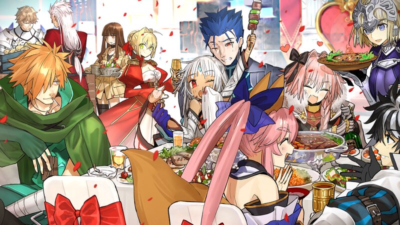 Anime Characters at Dinner — Red, Festive, Afternoon