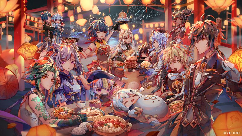 Anime Characters at Dinner — Red, Festive, Night