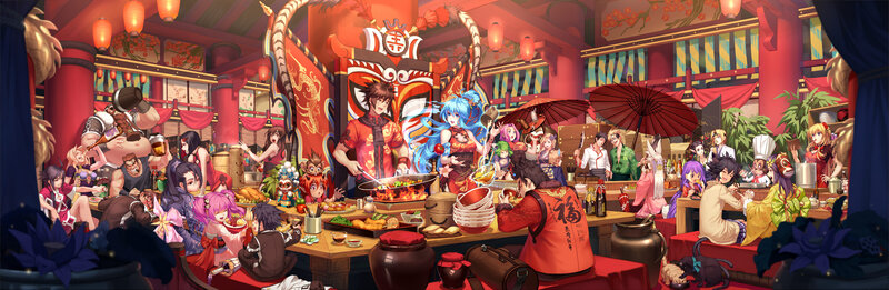 Anime Characters at Dinner — Red, Festive