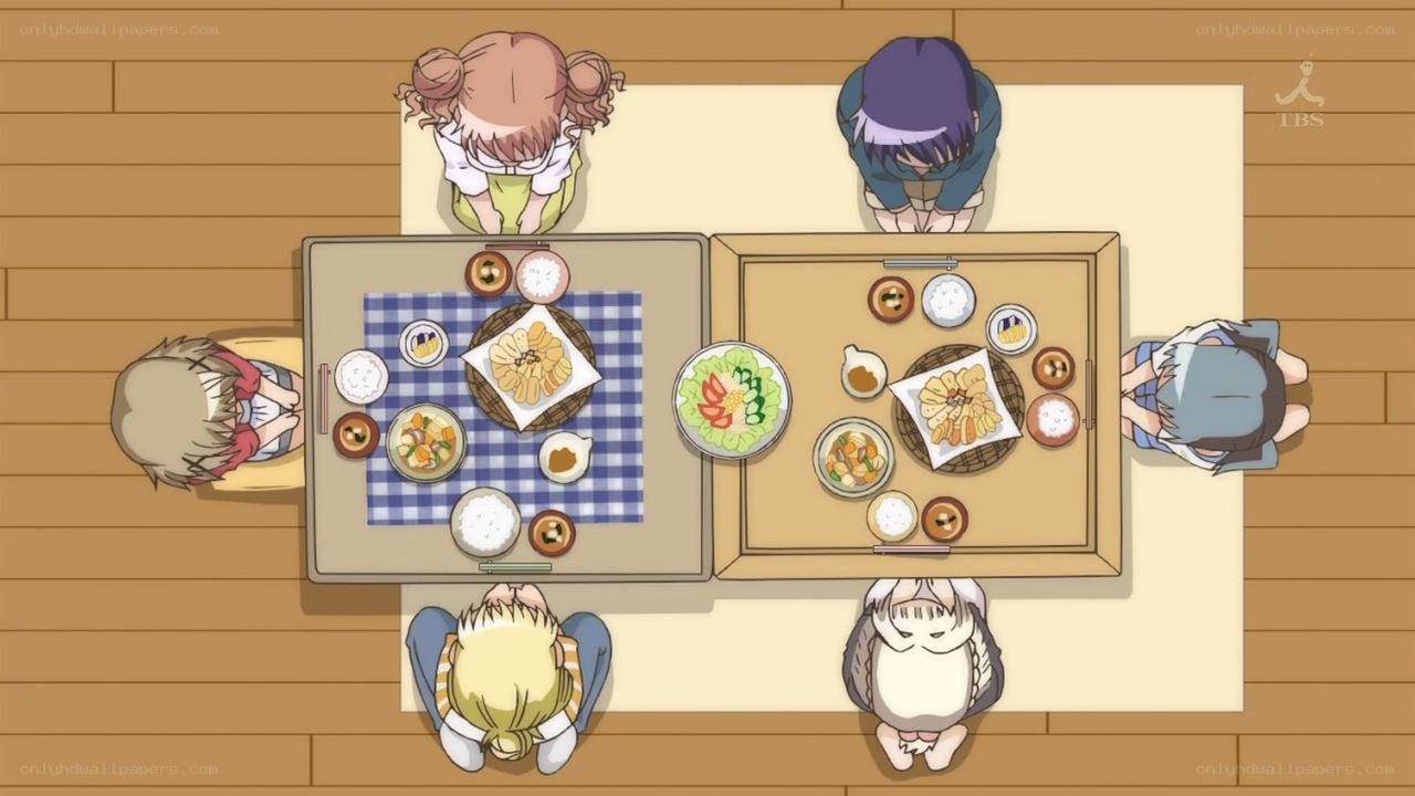 anime characters at dinner table