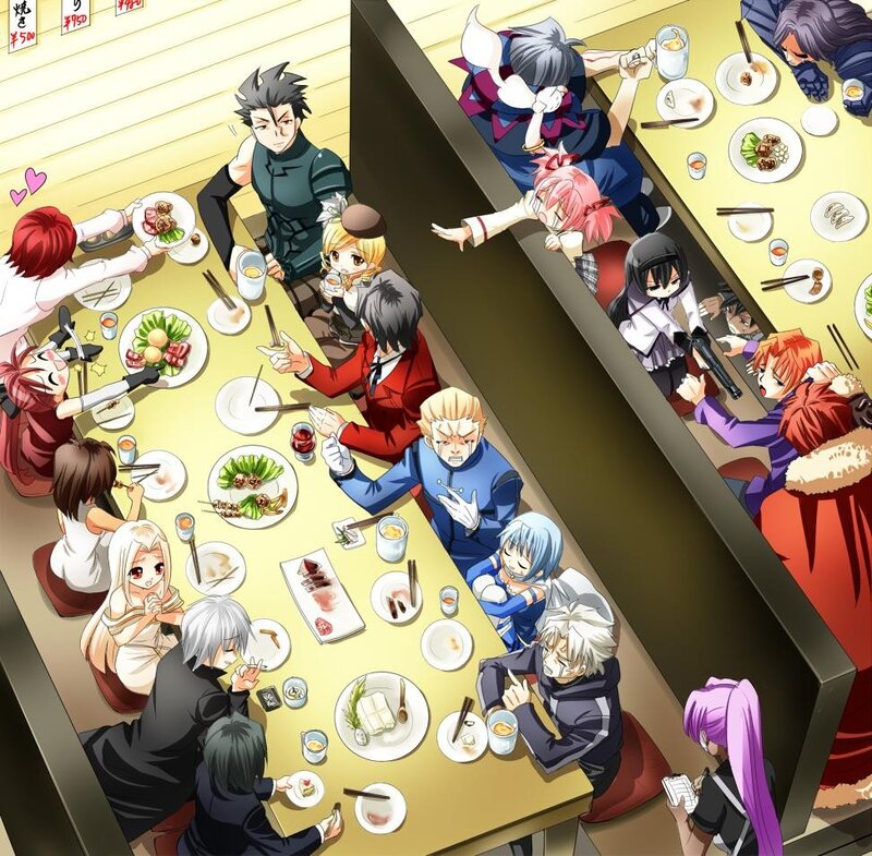 Anime Characters at Dinner — Yellow, Lively, Night, Dinner Table