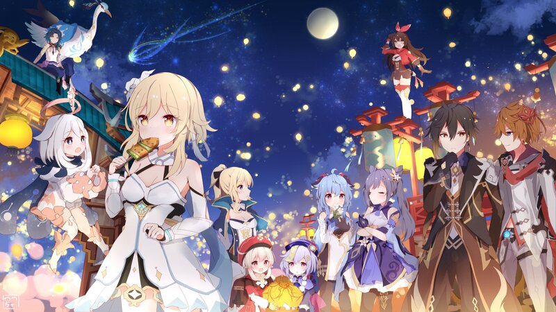Anime Characters at Festival — Blue, Festive, Night, Digital Art