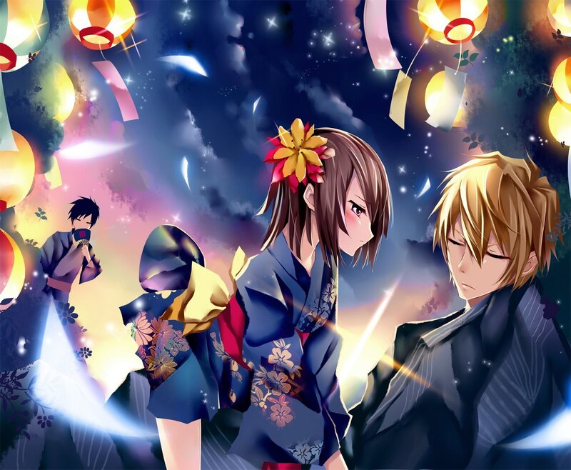 Anime Characters at Festival — Blue, Festive, Night, Lanterns, Kimono