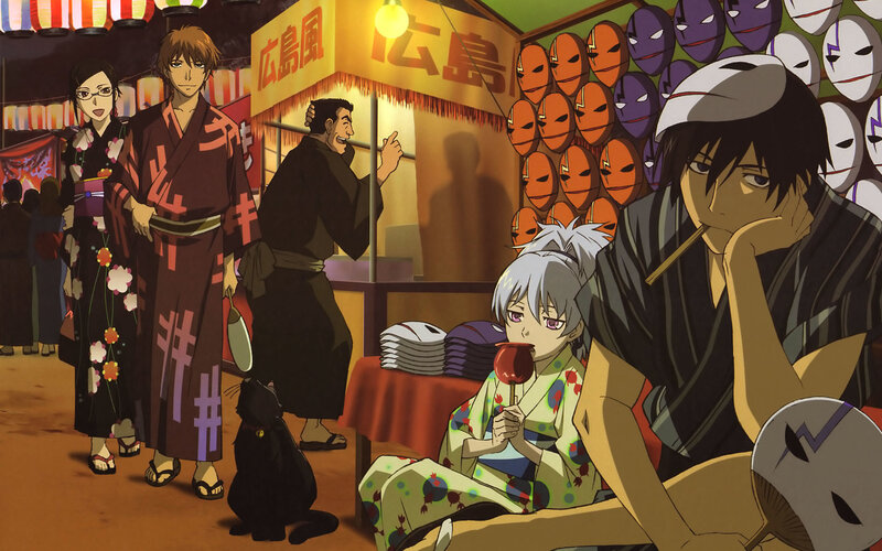Anime Characters at Festival — Orange, Festive, Night, Kimonos