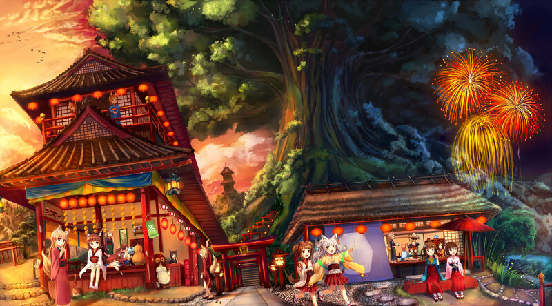 Anime Characters at Festival — Orange, Festive