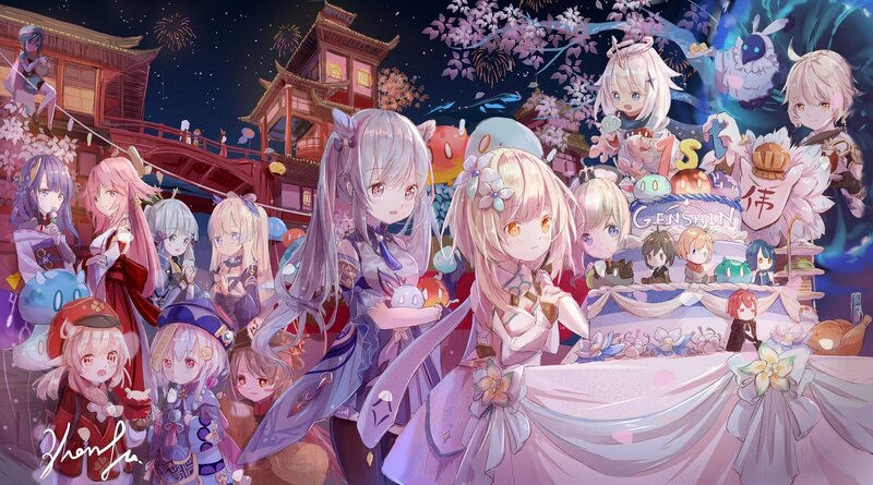 Anime Characters at Festival — Pink, Festive, Night, Digital Art, Cherry Blossoms