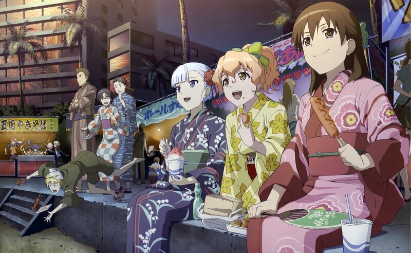 Anime Characters at Festival — Pink, Festive, Night, Kimonos