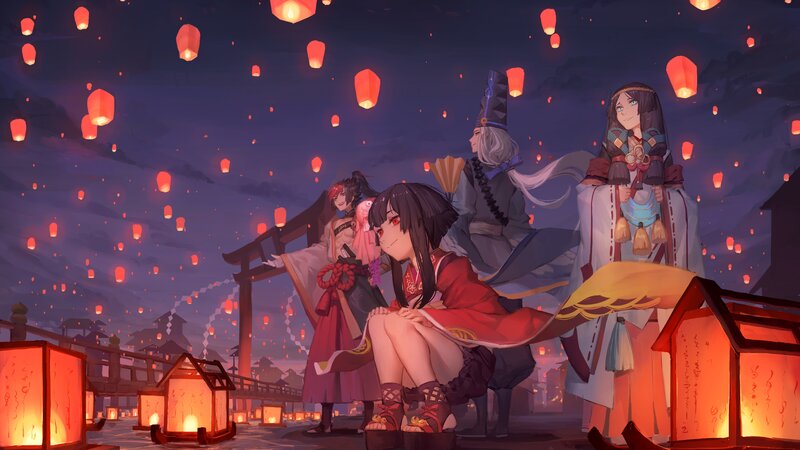 Anime Characters at Festival — Red, Festive, Night, Digital Art