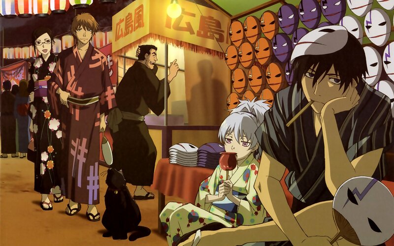 Anime Characters at Festival — Yellow, Festive, Night, Kimonos