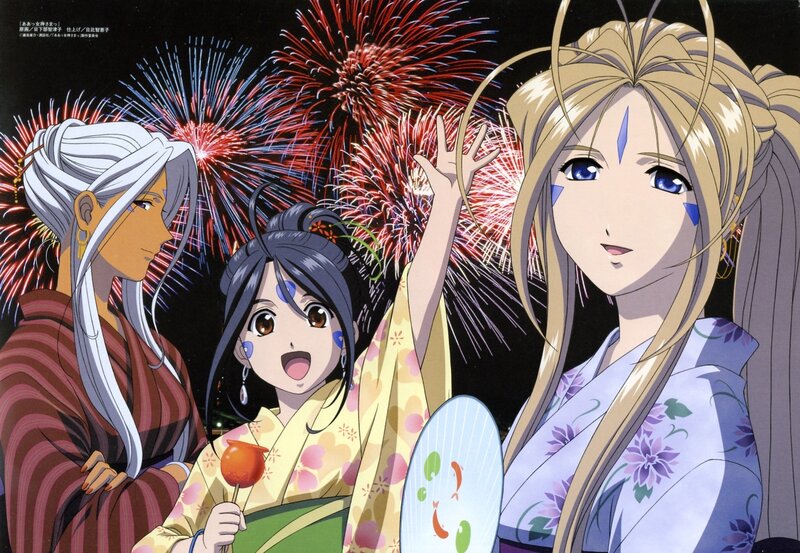Anime characters at fireworks display
