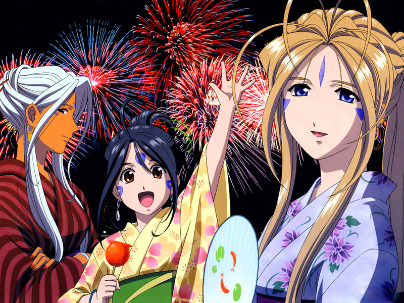 Anime characters at fireworks display
