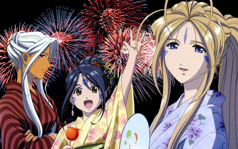 Anime characters at fireworks display